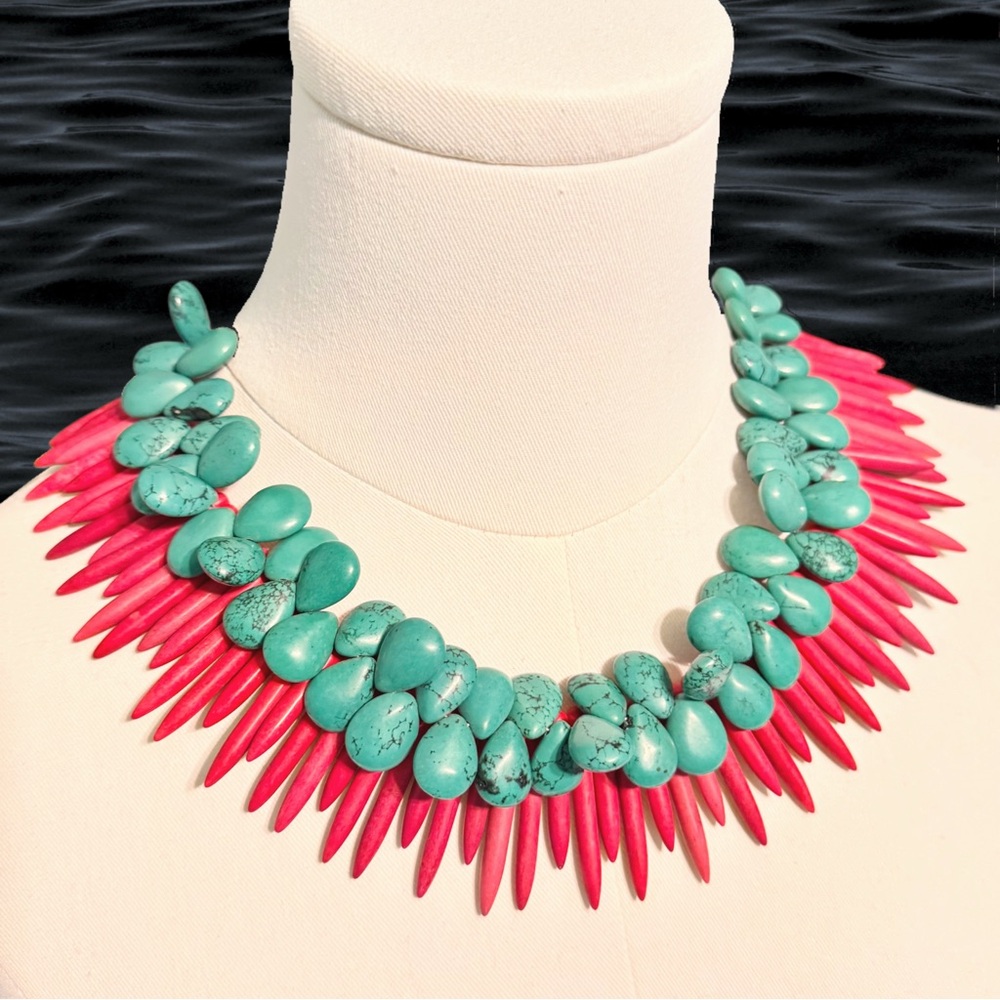 Striking Pink Spines & Blue Drops - Collar Length Statement Necklace Of Stones